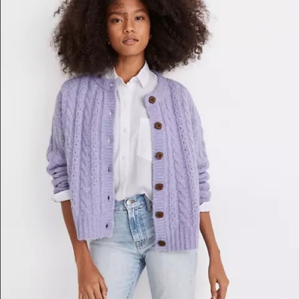 Madewell Pointelle Cable Cardigan Sweater in lilac size small